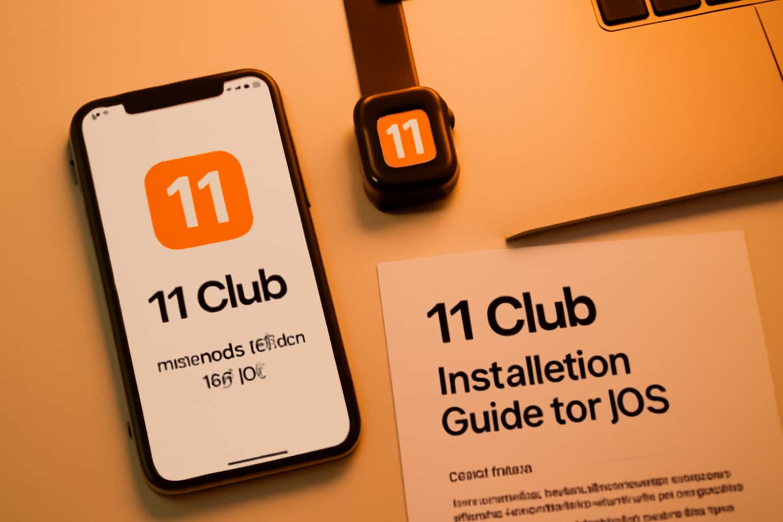 An informational graphic illustrating the 11 Club Installation Guide for iOS with a futuristic design.