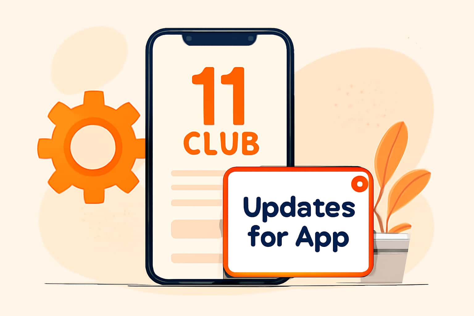 Informational scene depicting updates for the 11 Club App with bright accents.